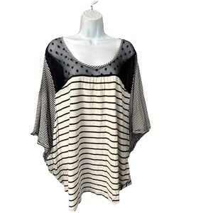 Women's 2X Pullover Top Contrast Stripe Sheer Polka Dot Panel Batwing Sleeve